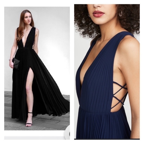 FAME AND PARTNERS Navy Blue Allegra Side Cutout Deep V Maxi Gown Size 8 - Picture 1 of 15